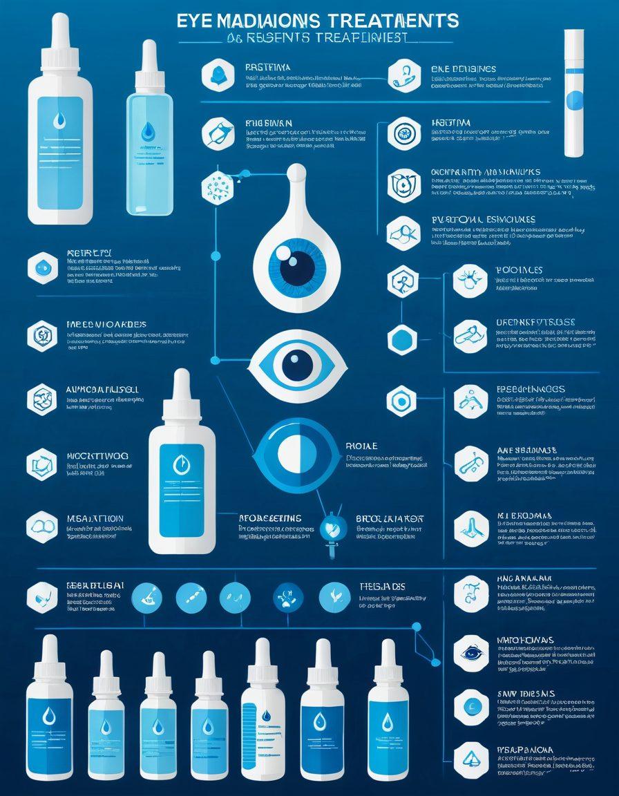An infographic-style image showcasing various eye medications: eye drops, ointments, and retina treatments. Each medication is depicted with a clear, labeled bottle or tube, surrounded by icons of eyes. Include a gradient background transitioning from light blue to deep blue, symbolizing eye health. vector art. vibrant colors. informative. white background.