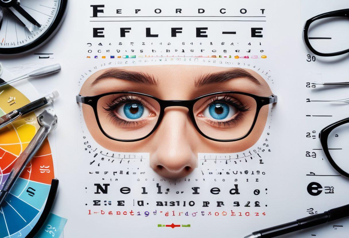 A pair of brilliant, healthy eyes staring confidently towards the viewer, framed by an open book and an eye chart in the background. Surrounding the eyes are illustrations of various eye care instruments, prescription glasses, and colorful diagrams of the eye's anatomy. super-realistic. vibrant colors.