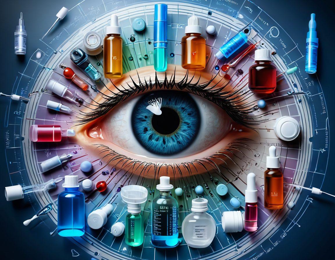A detailed illustration of an eye prominently displayed in the center, with various vials, eye drop bottles, and retina treatment tools arranged around it in a circular fashion. The background could depict a subtle medical grid or blueprint, outlining the anatomy of an eye. Incorporate vibrant colors to highlight the different medications, and ensure clarity to depict the professional medical context. Super-realistic. vibrant colors. medical theme background.